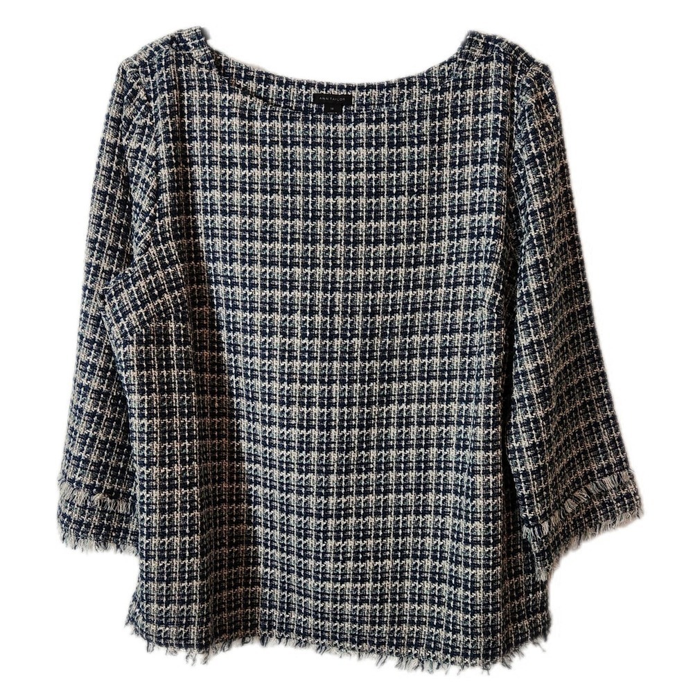 Ann Taylor Blouse Women's 14 Blue Tweed Plaid Fringe Boatneck Pullover Tunic
